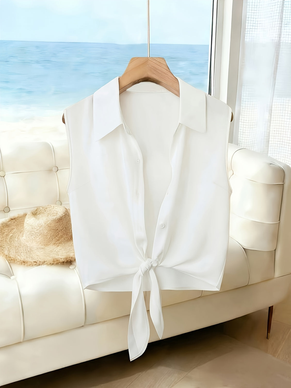 Women's New Spring/Summer Elegant French-Style Minimalist Lapel Sleeveless Shirt, Single-Breasted with Hem Tie Design, Lightweight, Breathable, and Slim-Fitting, a Summer Top Suitable for Women in Spring and Summer, Casual Style Women's Top - White