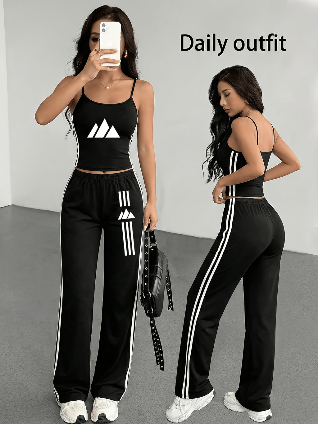 Women'S Elegant Suit, Loose Straight Leg, Side Contrast Stripes, Personalized Triangle Pattern Print, European And American Style Style, Elastic Waist, Straight Leg Wide Leg Long Pants, Paired with a Tight Short Suspender Vest - Black