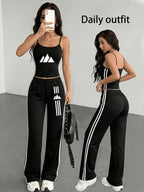 Women'S Elegant Suit, Loose Straight Leg, Side Contrast Stripes, Personalized Triangle Pattern Print, European And American Style Style, Elastic Waist, Straight Leg Wide Leg Long Pants, Paired with a Tight Short Suspender Vest - Black