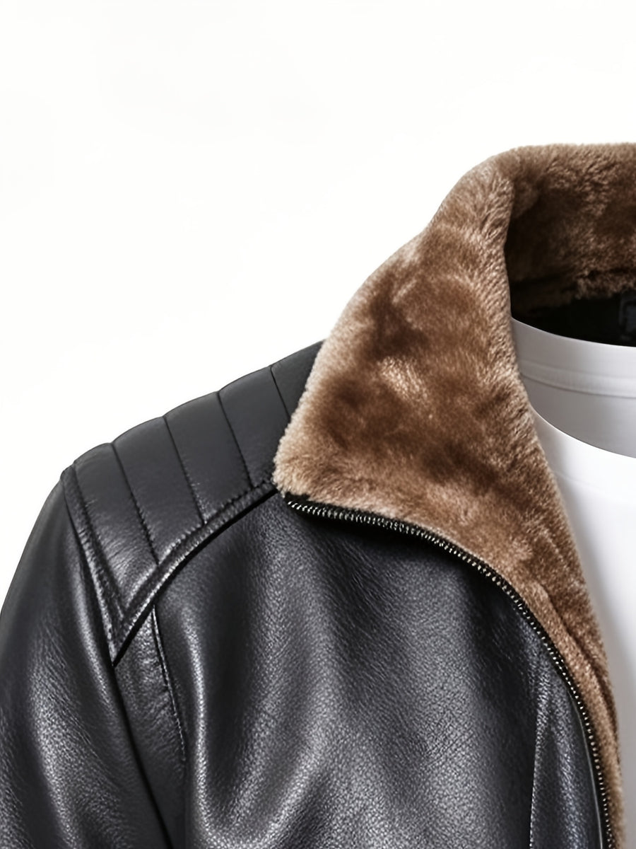 DIFFELEMENT 1pc Men'S Fleece-Lined Thickened Jacket Warm Windproof Cold-Resistant PU Scratch-Resistant Wrinkle-Resistant Plush Lining Ribbed Cuffs Stand-Up Collar Zippered Cardigan Regular Retro Biker Style Men'S Outerwear Autumn Winter Daily Casual - Black