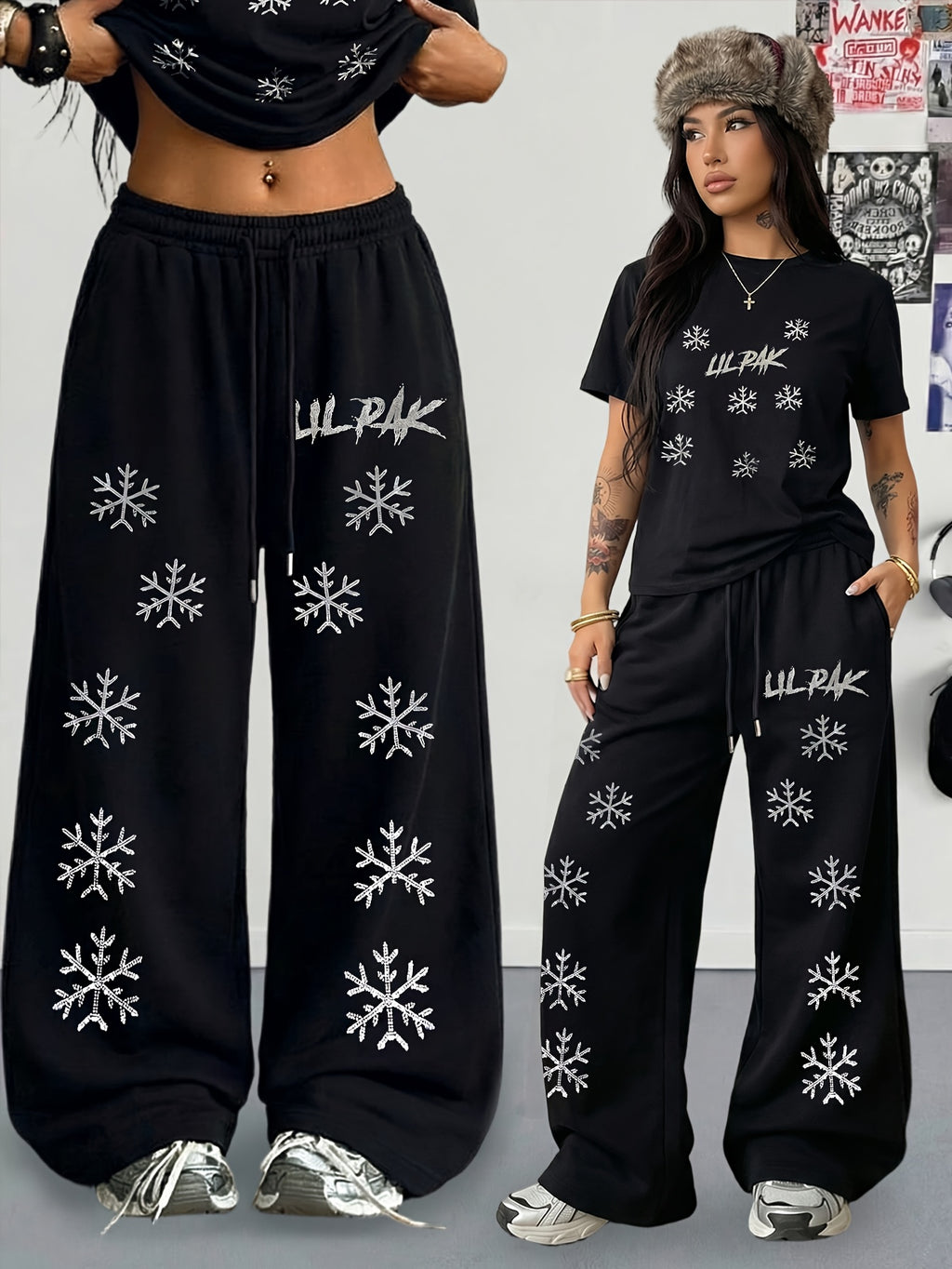 Spring/Summer New Set: 2pcs Outfit Featuring Hand-drawn Floral Print, Multi-color Round-neck Short-sleeve Top and Loose-fit Drawstring Straight-leg Pants. A Fashionable Y2K Streetwear Style with Hip-hop Y Vibes, Perfect for Summer Streetwear - Deep Grey