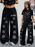 Spring/Summer New Set: 2pcs Outfit Featuring Hand-drawn Floral Print, Multi-color Round-neck Short-sleeve Top and Loose-fit Drawstring Straight-leg Pants. A Fashionable Y2K Streetwear Style with Hip-hop Y Vibes, Perfect for Summer Streetwear - Deep Grey