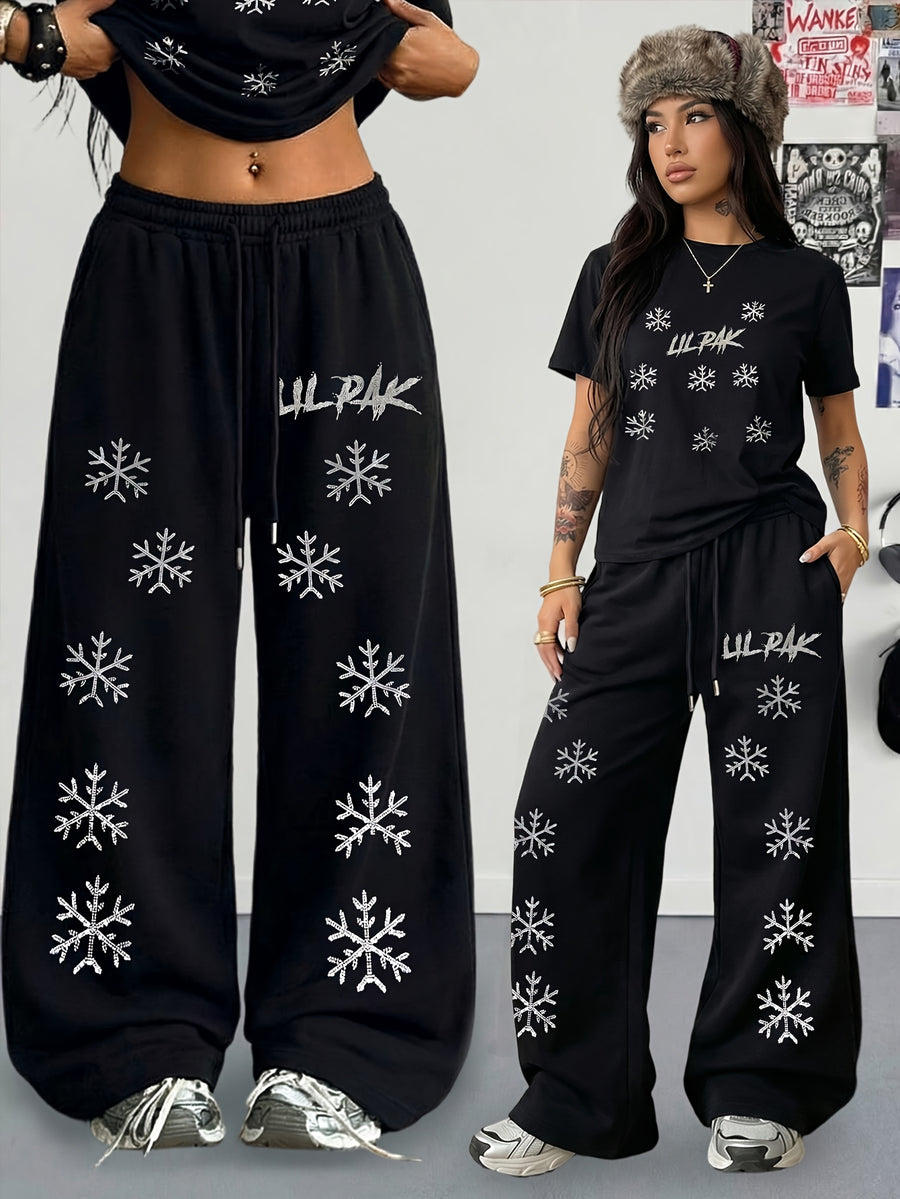Spring/Summer New Set: 2pcs Outfit Featuring Hand-drawn Floral Print, Multi-color Round-neck Short-sleeve Top and Loose-fit Drawstring Straight-leg Pants. A Fashionable Y2K Streetwear Style with Hip-hop Y Vibes, Perfect for Summer Streetwear - Deep Grey