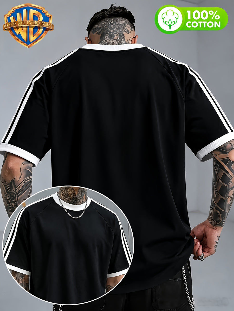 Color-Block Ribbed Striped T-Shirt, Solid White with Double Stripes Basic Style Men'S 100% Versatile Sports Casual Summer Short Sleeve Top, Suitable for Outdoor Wear, Gym, Office, And Daily Fashion, Essential for Men'S Wardrobe - Unisex - Black