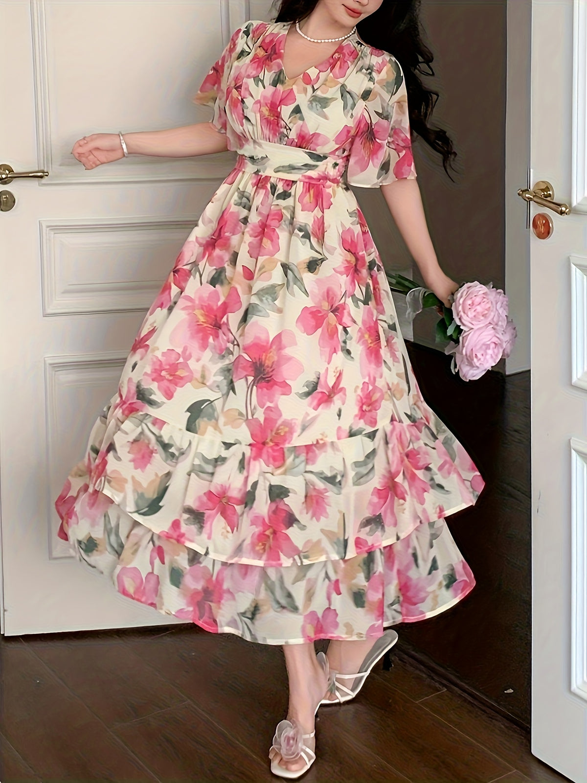 Women's Floral maxi Dress - Elegant Flowy Formal & Casual Event Gown, Non-Stretchy Fabric, Flared A-Line Skirt for Wedding, Party, Vacation - Spring/Summer/Fall Evening Outfits, Floral Print Dress, Summer Outfit, Machine Washable, Bridal Guest Outfit - Peach
