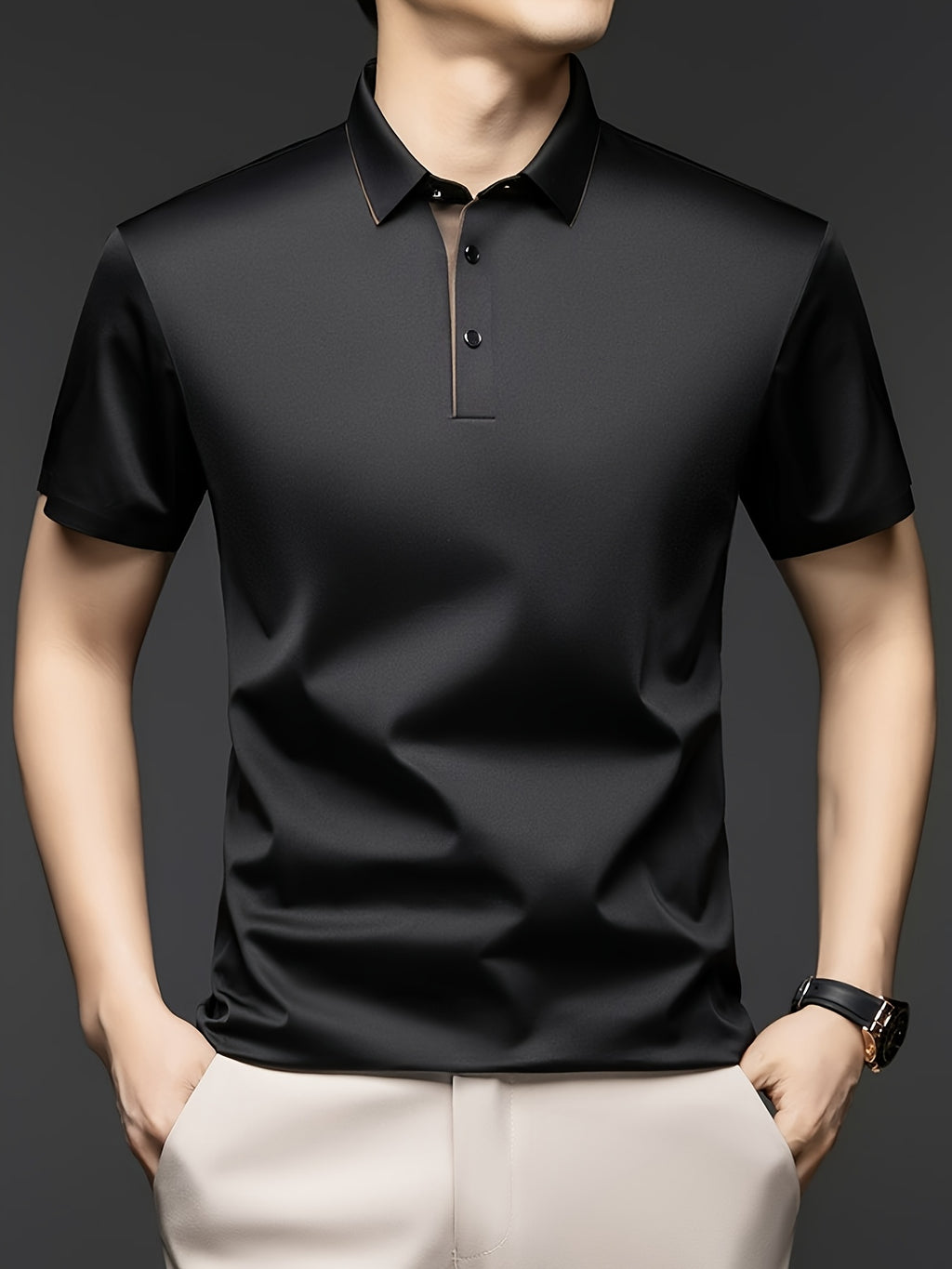 [Shule Water OBM] Summer New Men'S Casual T-Shirt Polo Shirt Mid-Age Solid Color Lapel Short Sleeve Seamless T-Shirt - Black