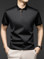 [Shule Water OBM] Summer New Men'S Casual T-Shirt Polo Shirt Mid-Age Solid Color Lapel Short Sleeve Seamless T-Shirt - Black