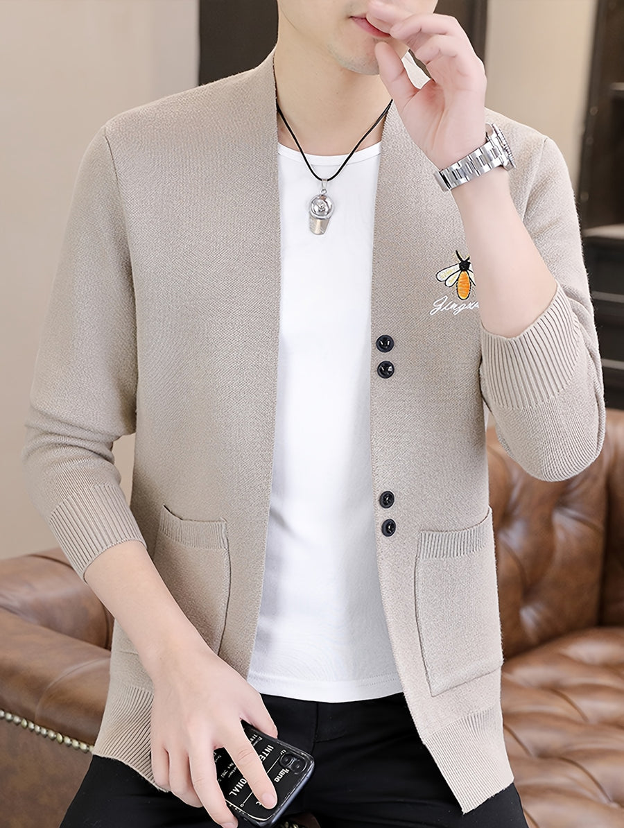 Embroidered Knitted Cardigan Men'S Spring And Autumn Trendy Brand Slim Fit Regular Sweater Cloak Coat Fashionable Versatile Knitted Shirt Trendy Handsome - Apricot