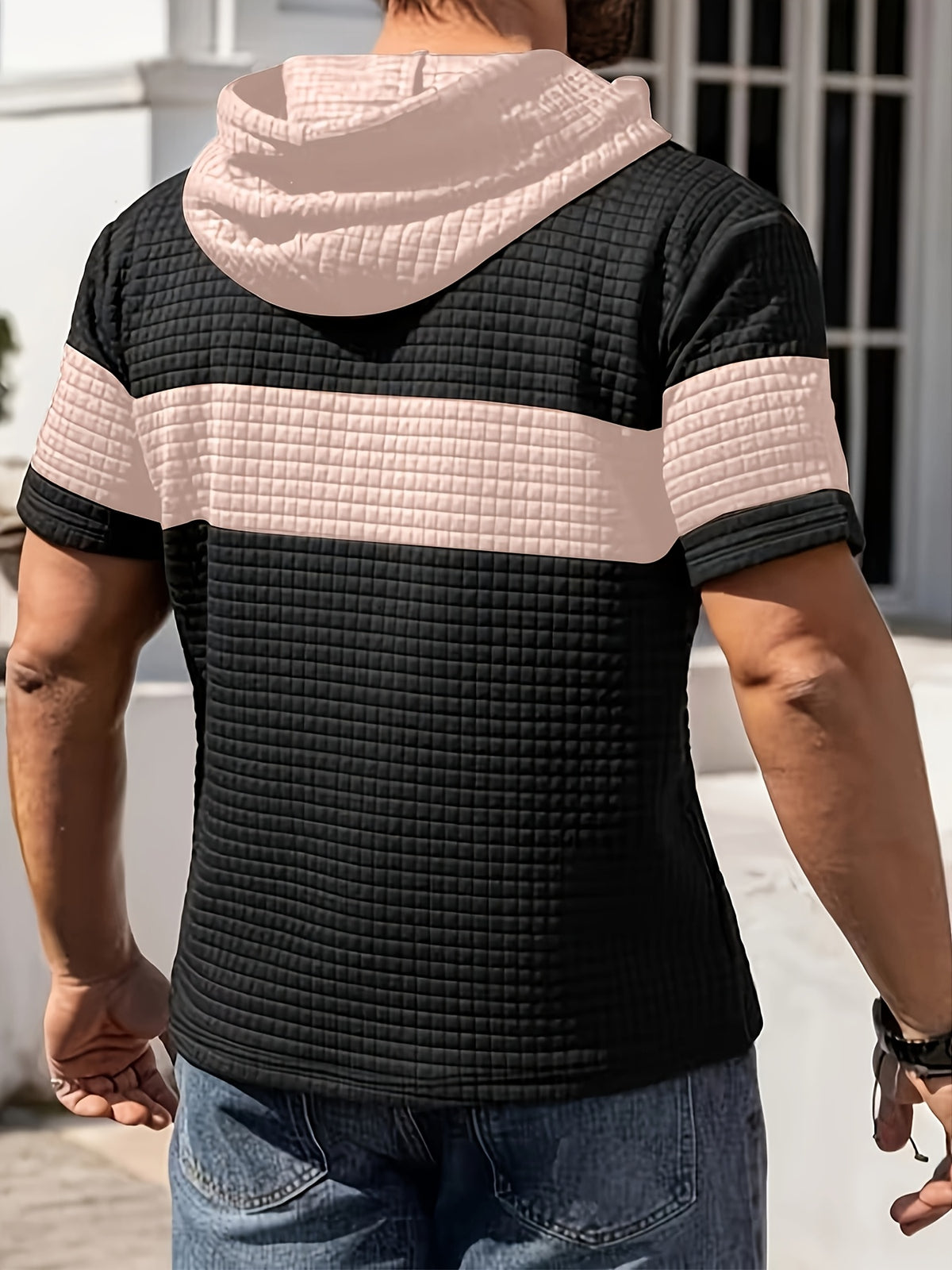 Men'S Summer Essential Hooded Short Sleeve T-Shirt, Casual Loose Fit, Breathable And Wrinkle-Resistant Fabric, Durable And Non-Deformable, Drawstring Hood Design, Arched Hem for Body Shaping, Statement Color Block for Trendy Appeal - pink