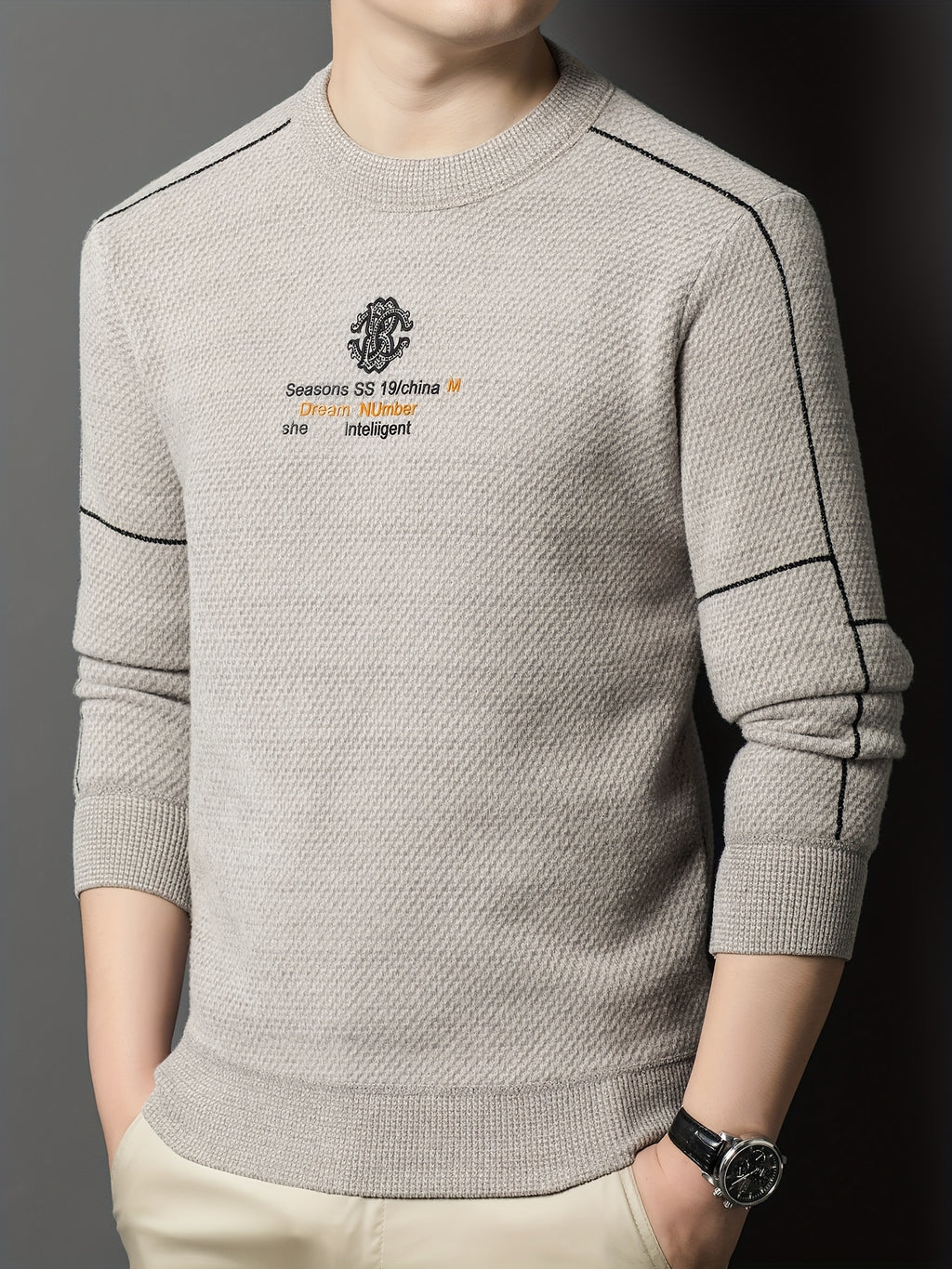 New Winter Men's Sweater, Crew Neck, Thickened and Warm, Men's Winter Clothing, Fashionable, Casual, and Comfortable Pullover Knitwear, Men's Winter -Lined Sweater, Men's Apparel with Letter Chest Logo, Winter Gift for Men - Off-white