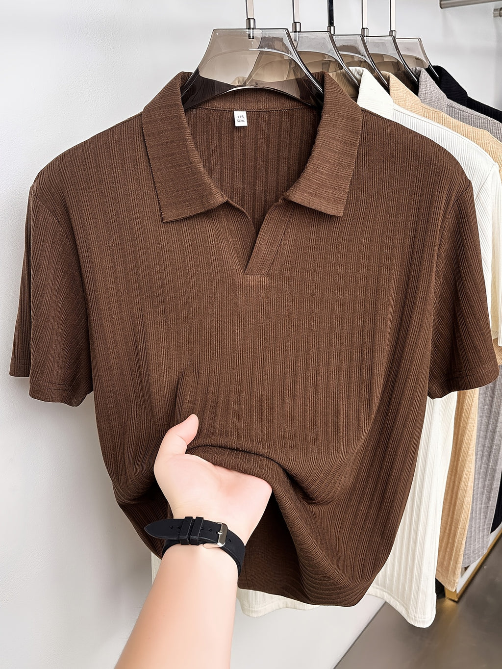 Men'S Vertical Striped V-Neck Knit Shirt, Summer Lapel Men'S Short-Sleeved T-Shirt, Solid Color Striped POLO Shirt, Casual Business Versatile Top, Commuting Men'S Clothing, Temperament Men'S Top - Coffee Brown
