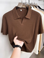 Men'S Vertical Striped V-Neck Knit Shirt, Summer Lapel Men'S Short-Sleeved T-Shirt, Solid Color Striped POLO Shirt, Casual Business Versatile Top, Commuting Men'S Clothing, Temperament Men'S Top - Coffee Brown