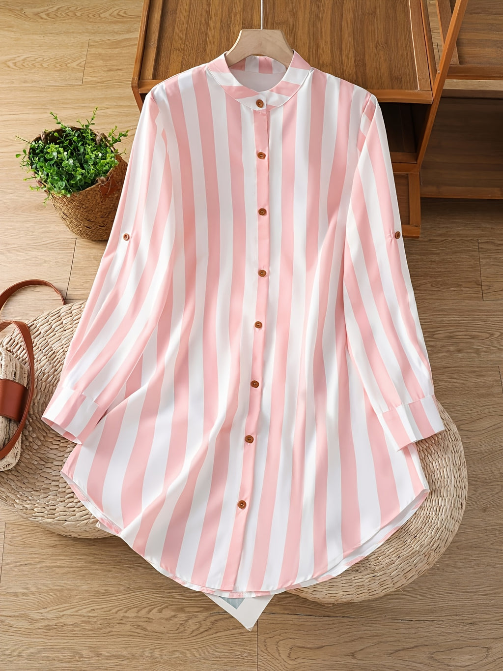 Women's Fashion Striped Long Shirt - Pink