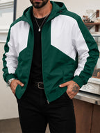 Men's Color Block Patchwork Hooded Sport Jacket with Adjustable Drawstring Hood and Zipper, Versatile Casual Jacket for Campus, Commuting, Hiking, Jogging, and Daily Wear - 25016 - Green