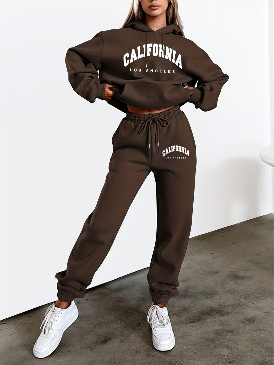 Women'S Slogan Print Drop-Shoulder Casual Hooded Pullover Sweatshirt with Casual Drawstring Sweatpants, Halloween Costume, Christmas Costume, Party Outfit, Parent- Outfit, Back-To- Autumn And Winter Two-Piece Set - Coffee Brown