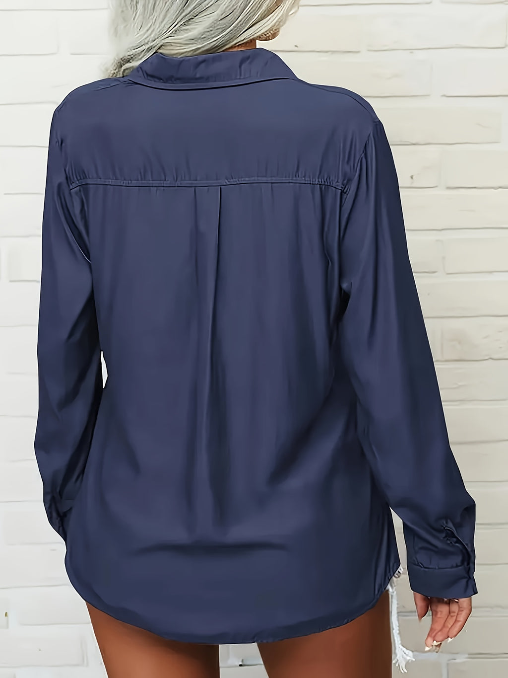 Women'S Double Bag Cover Blanket-Breasted Button Lapel Shirt, Soft Fabric Comfortable Cool Elegant Style Daily Style Casual Style Spring And Summer Style Summer Style - Navy Color