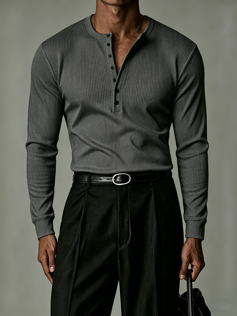 Men'S Long Sleeve, Multi-Color Optional Ribbed Henley Slim Fit Casual Solid Top, High-Quality Fitted T-Shirt - Dark Gray