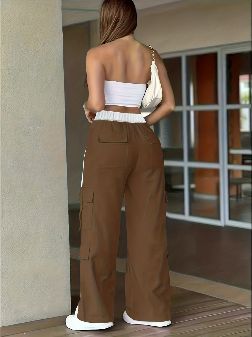 Women's Heavy-Duty Pants (Cargo Pants) with Piping Stripe & Large Cargo Pockets - Full-Length Heavy-Duty Pants for, Outdoor, Workwear - Beltless Design, All-Season Casual Wear (No  Compatible) - Attire - Coffee Brown