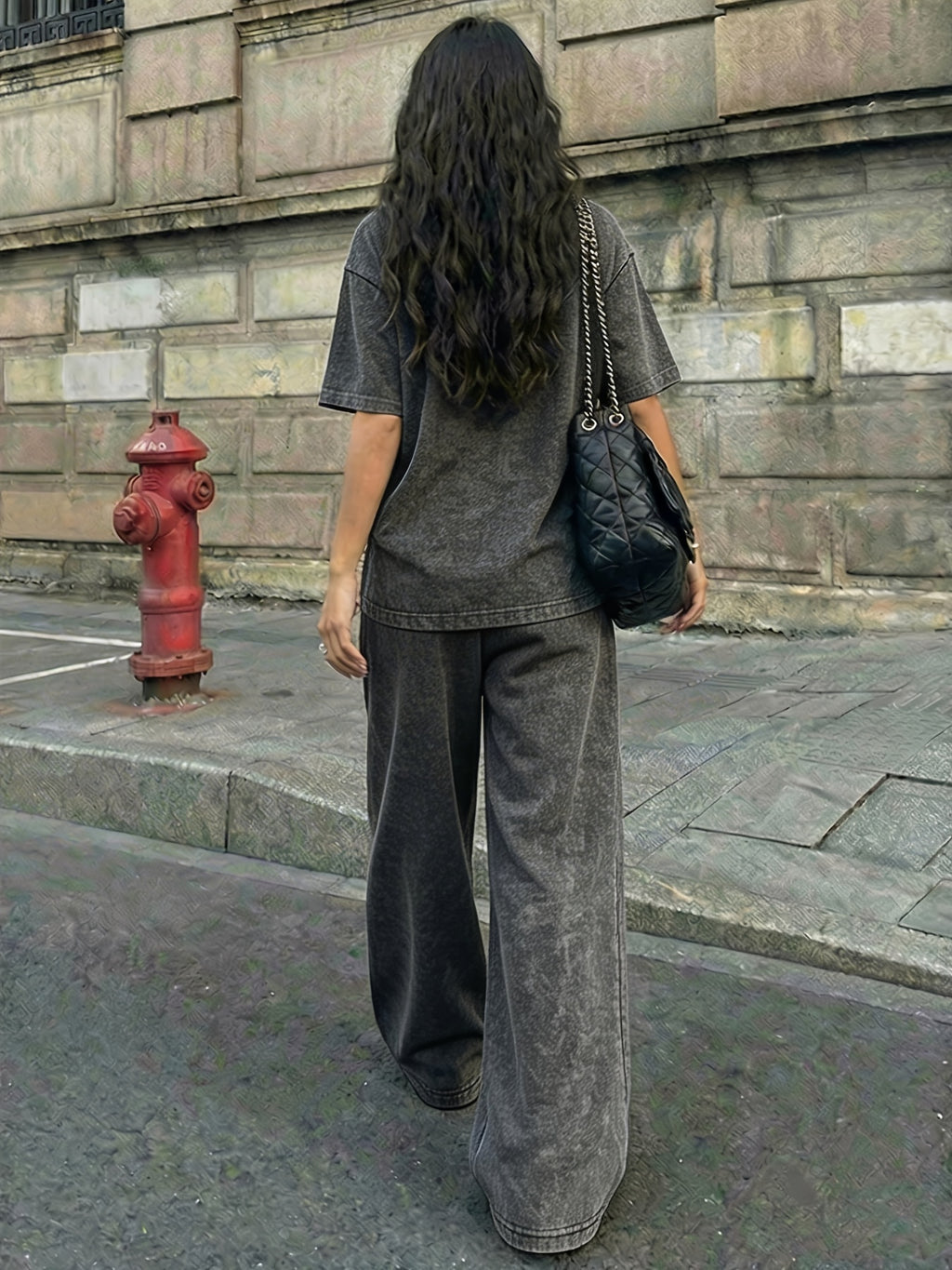 Street Style CALIFORNIA Los Angeles Letter Pattern Print, Women'S 2Pcss Set, Ladies Vintage Washed Fabric Loose Casual Round Neck Short Sleeve T-Shirt And Elastic Waist Drawstring Vintage Washed Casual Athletic Long Pants Women'S 2Pcss Suit - Black+black