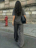 Street Style CALIFORNIA Los Angeles Letter Pattern Print, Women'S 2Pcss Set, Ladies Vintage Washed Fabric Loose Casual Round Neck Short Sleeve T-Shirt And Elastic Waist Drawstring Vintage Washed Casual Athletic Long Pants Women'S 2Pcss Suit - Black+black