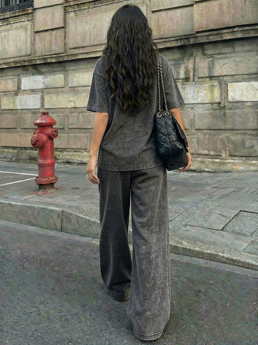 Street Style CALIFORNIA Los Angeles Letter Pattern Print, Women'S 2Pcss Set, Ladies Vintage Washed Fabric Loose Casual Round Neck Short Sleeve T-Shirt And Elastic Waist Drawstring Vintage Washed Casual Athletic Long Pants Women'S 2Pcss Suit - Black+black