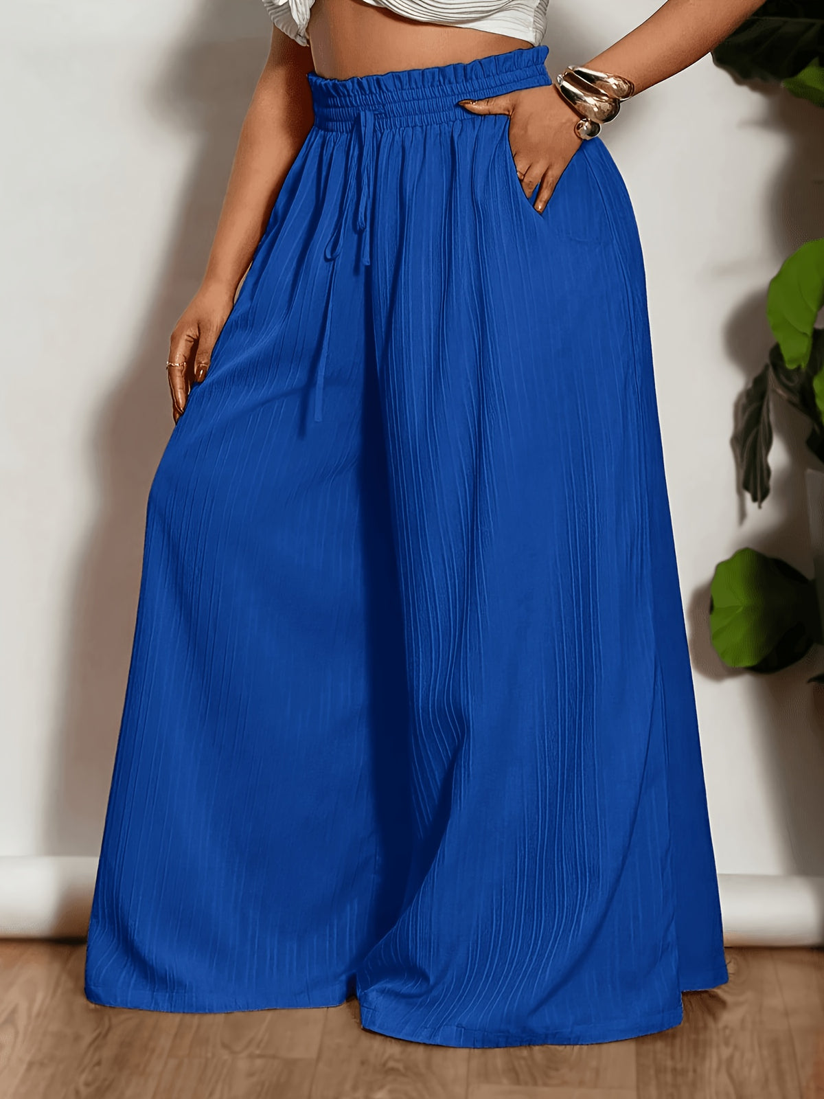 Plus Size, Plus-size Women's Casual Wide-leg Flared Pants with Pocket and Drawstring Design - Blue
