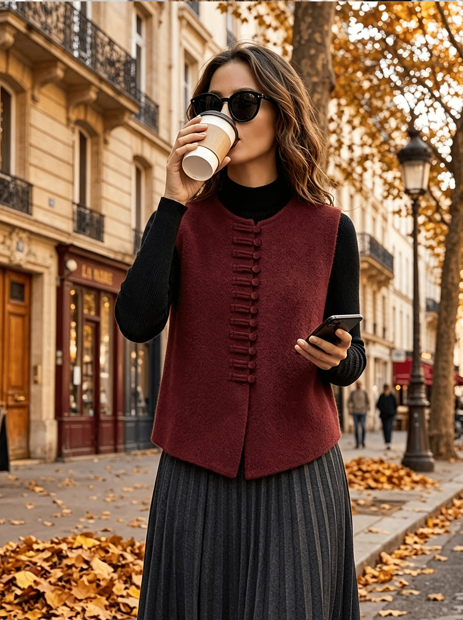 2026 New Women's Spring/Autumn New Chinese-Style Vintage Elegant Casual Solid Color Soft Sweater Vest Outerwear Jacket - Deep Red