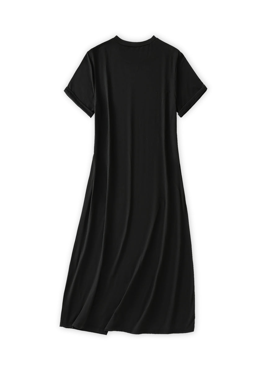 Women's Fashionable Dress, Elegant Casual Dress with Parisian Letter Print, Round Neck Short Sleeved Dress, Vacation Style, Summer Breathable Beach Dress, Suitable for Outdoor and Daily Wear, Wome - Black