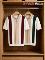 Old Money Style Men's Half-Zip Contrast Color Vertical Stripe Knit Polo 2pcs Set, Ice Silky Fiber Fabric, Breathable Business Casual Short-Sleeve Suit Sweater - 2-PACK