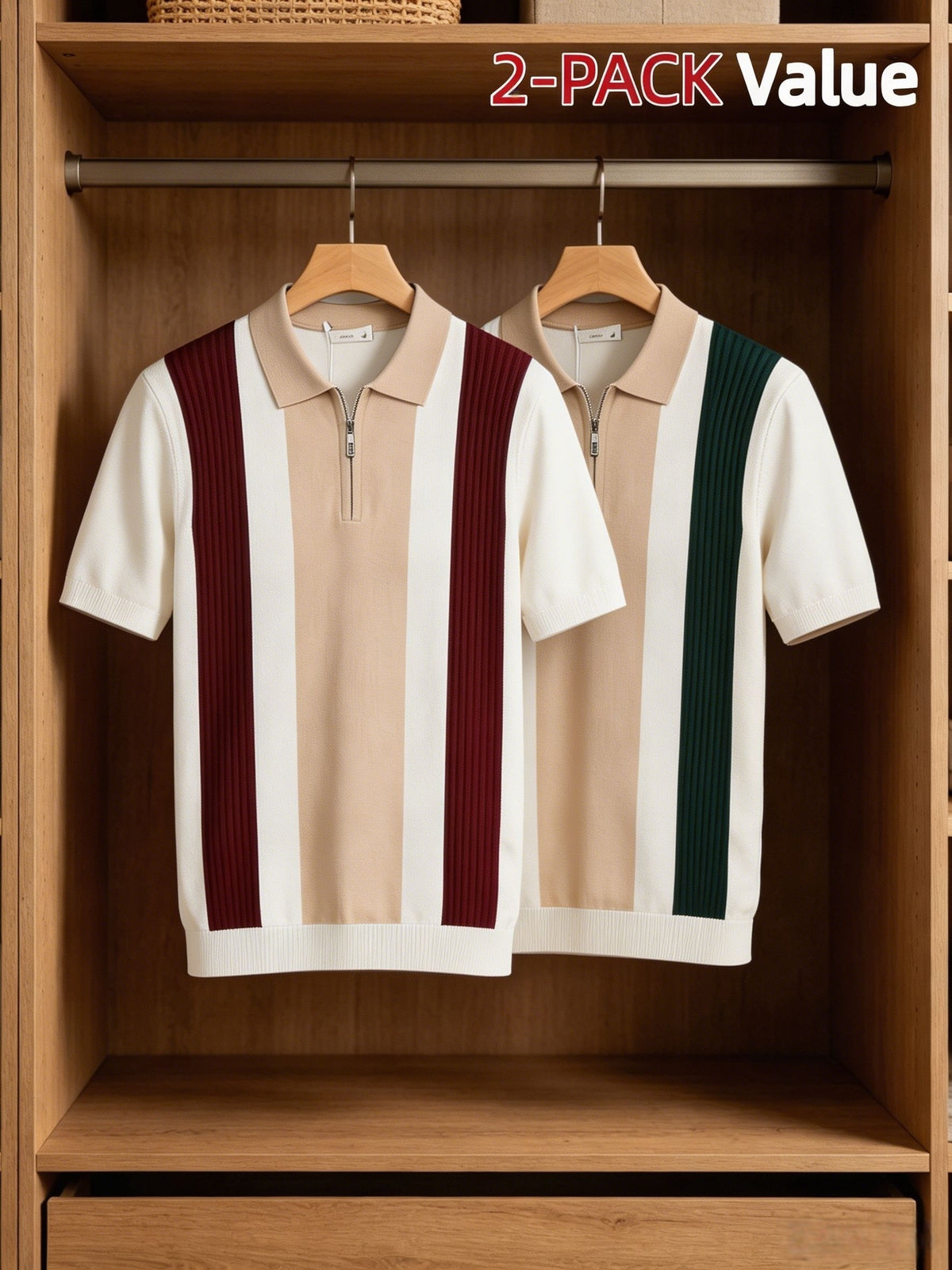 Old Money Style Men's Half-Zip Contrast Color Vertical Stripe Knit Polo 2pcs Set, Ice Silky Fiber Fabric, Breathable Business Casual Short-Sleeve Suit Sweater - 2-PACK
