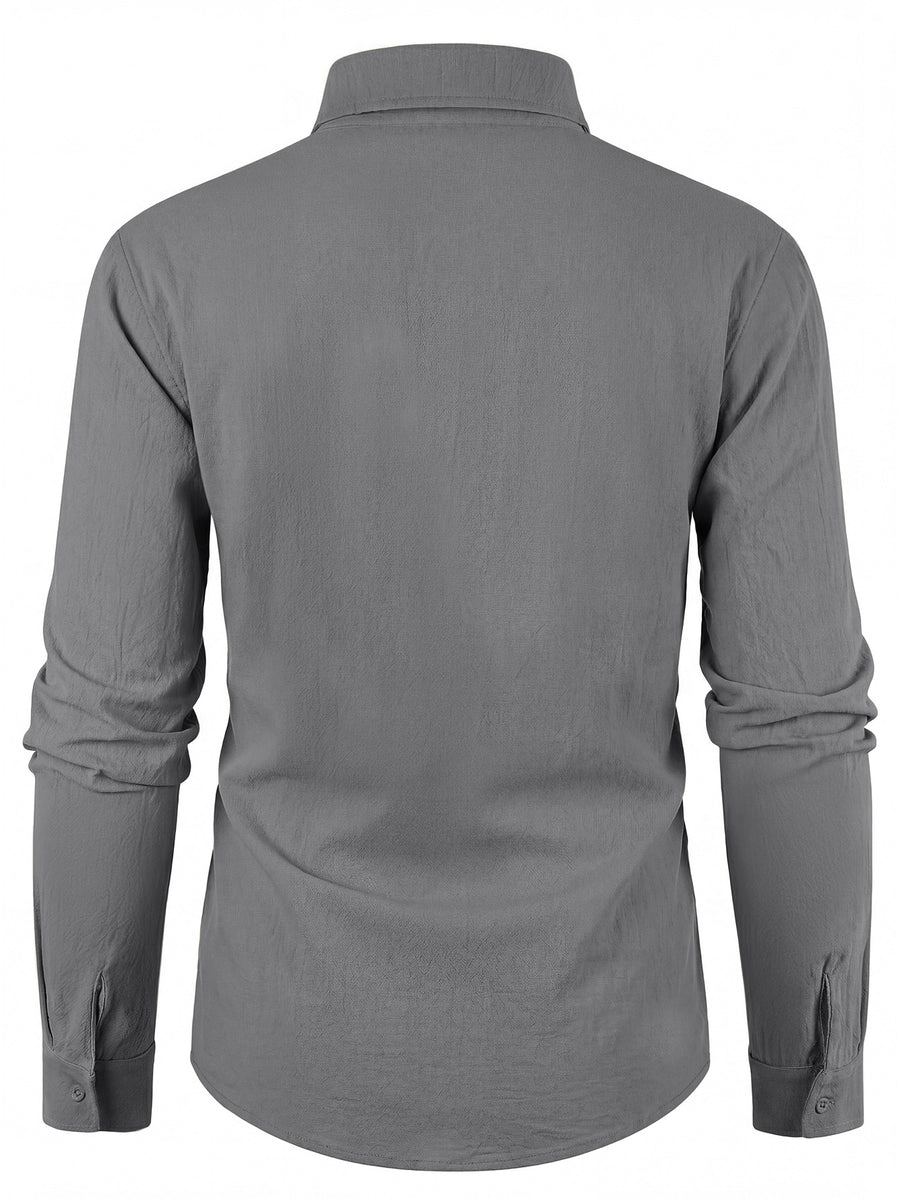Spring/Autumn Men's California Letter Print Linen Shirt, Long Sleeve Lapel Button-Up Casual Beach Top - Grey