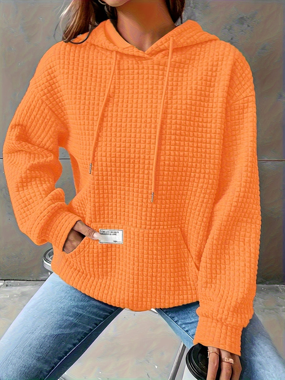 Women's Autumn/Winter Waffle Hooded Long-Sleeve Solid Color Sweatshirt - Orange