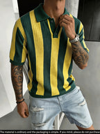 Men'S Knit Short Sleeve Color-Block Pinstripe Polo Collar Casual Loose Business Commute Knit Pullover Top - Green