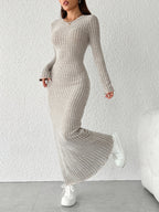 Elegant Women'S Solid Color Round Neck Long Sleeve Minimalist Casual Dress - Khaki