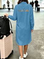1pc Minimalist Long-Sleeve Shirt Dress with Golden Pattern Decoration on Front and Back, Suitable for Daily Commuting and Travel Wear, Printed New Y2K Style, Women's Elegant Commuter Vacation Dress, Casual Commuter Fashion Versatile Long Shirt - Peacock Blue