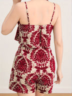 Women'S Elegant Off-Shoulder Jumpsuit - & Brown Floral Print, Backless Design, Lightweight Summer Outfit for Parties, Dates - Deep Red