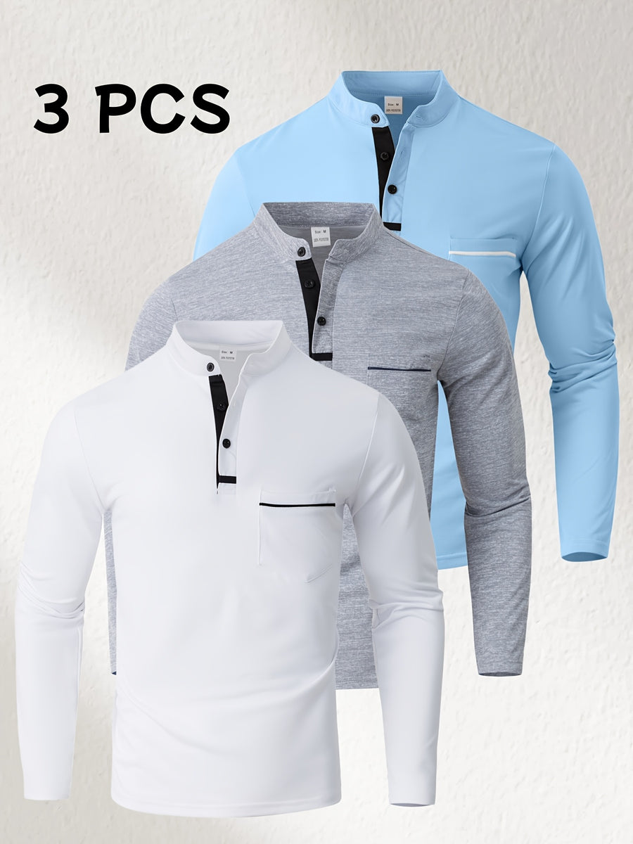 [Josh May OBM] 3pcs Men'S Long Sleeve Henley Shirts, Skin-Friendly Comfortable Fabric, Natural Elasticity Wearing Experience, Slim Casual Fit, Stand Collar Button-Up Design, Contrast Color Patchwork Detail, Chest Pocket Decoration - White + Light Gray + Light Blue