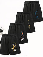 4pcs Women'S Elegant Casual Shorts Set - Butterfly Print, Drawstring Loose Style Summer Vacation Pants, Machine Washable - 4 Pieces Black