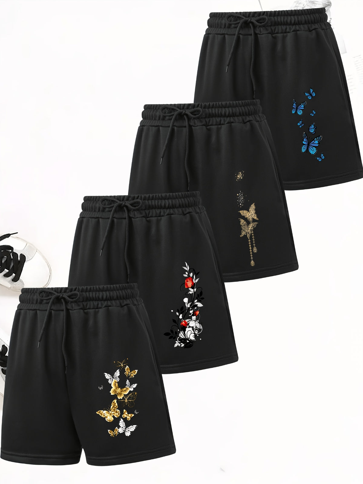 4pcs Women'S Elegant Casual Shorts Set - Butterfly Print, Drawstring Loose Style Summer Vacation Pants, Machine Washable - 4 Pieces Black