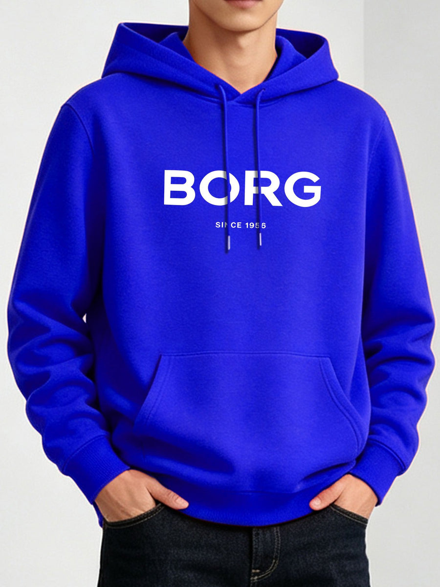 Minimalist BORG Since 1896 Letter Hooded Sweatshirt, Men's Trendy Versatile Drop-Shoulder Long-Sleeve Pullover - Royal Blue