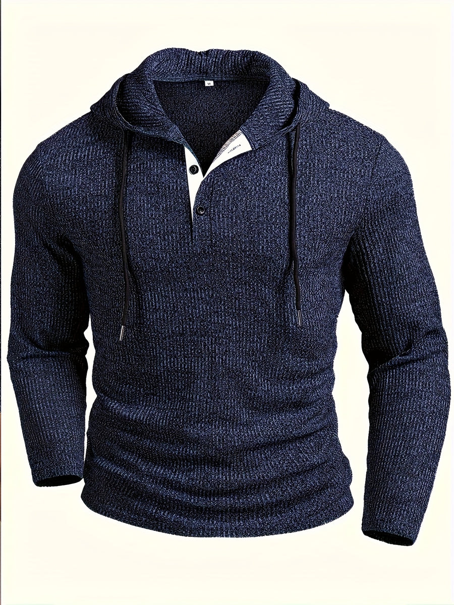 Men's Stretch Color- Ribbed Patchwork Contrast Outdoor Sports Casual Hooded Henley Shirt - Navy Color