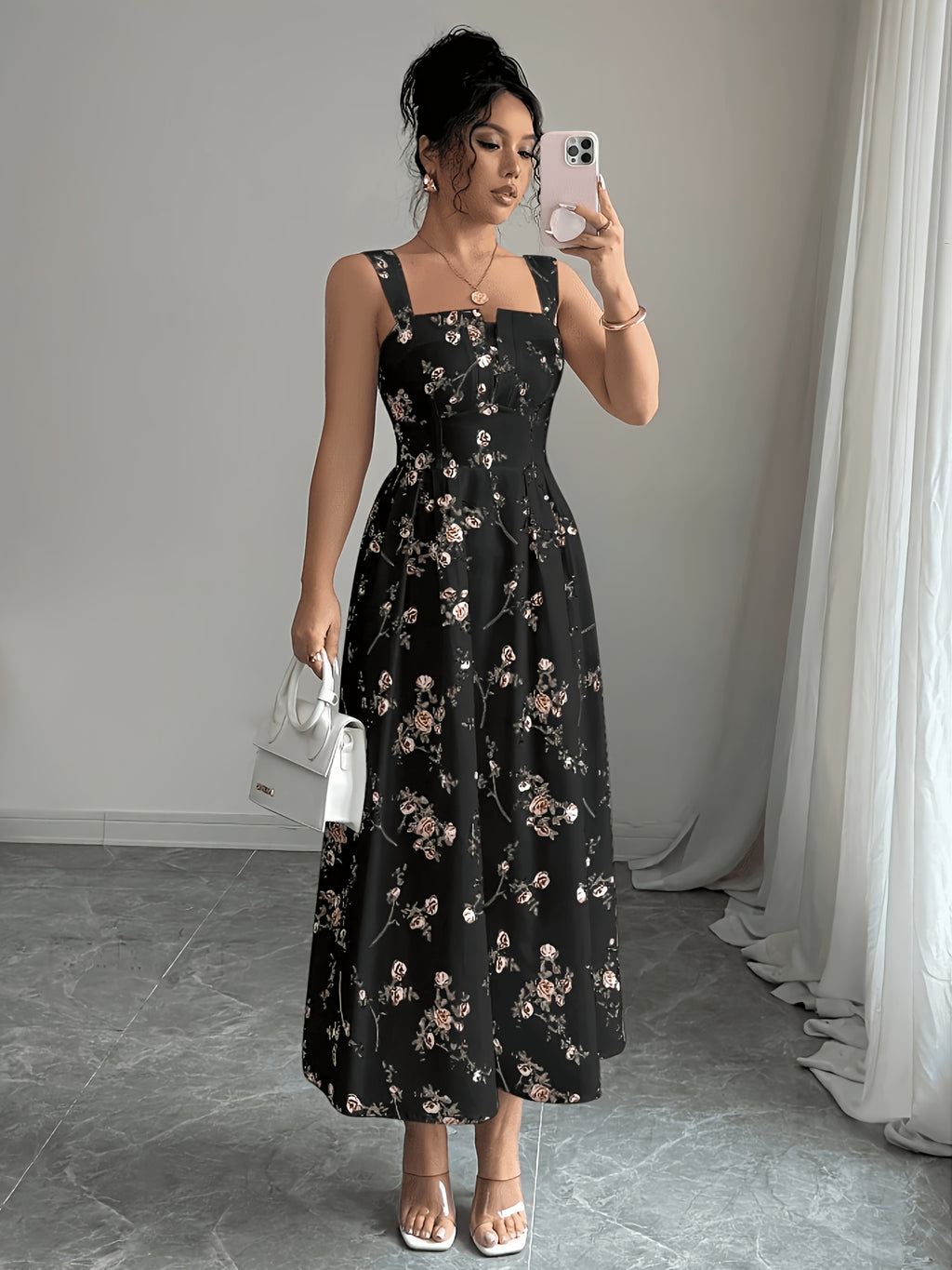 Women's Vintage Square Neck White Floral Print Camisole Dress, Featuring a Effect, Vintage Elegant Vacation Style, Suitable for Summer Dates and Casual Wear in Spring and Summer. Machine Washable - Black