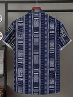 Men's Ethnic Print Shirt, Suitable for Vacation Scenes, Comfortable Polyester Fabric - Navy Color