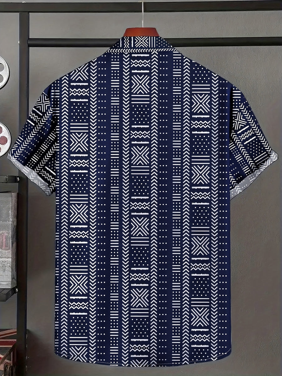 Men's Ethnic Print Shirt, Suitable for Vacation Scenes, Comfortable Polyester Fabric - Navy Color