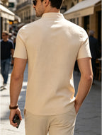 Men's Mountain Graphic Short Sleeve Henley Shirt, Mandarin Collar Half Placket Button Casual T-Shirt, Lightweight And Linen Blend Texture Summer Beach Tops - Khaki