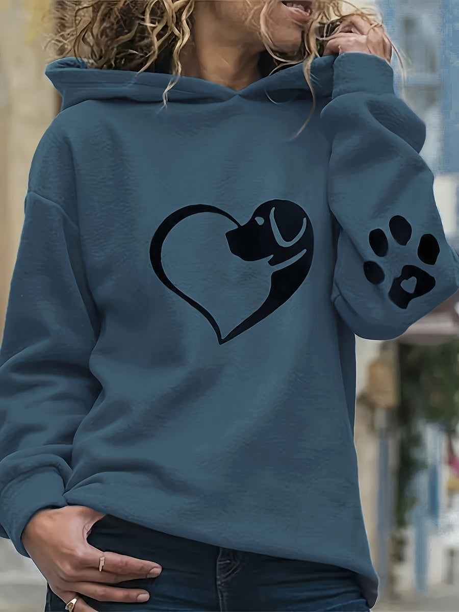 New Women'S Sweater Animal Head Printed Hooded Loose Fit Sweater - Navy Color