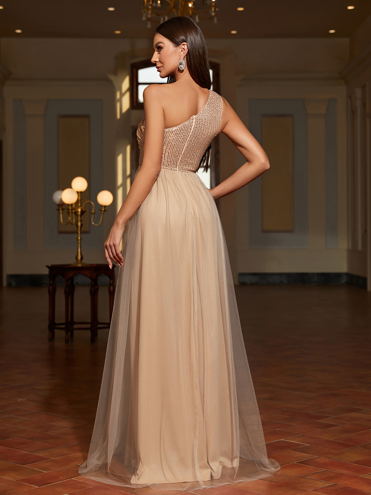 One-shoulder Sequin Patchwork Mesh Dress, Family Gathering Birthday Party Dress, Elegant and Fashionable Dress, Women's Long Dress, Party Dress, New Style, Women's Evening Gown, Host Performance Dress, Bridesmaid Dress, Prom Evening Gown - Champagne