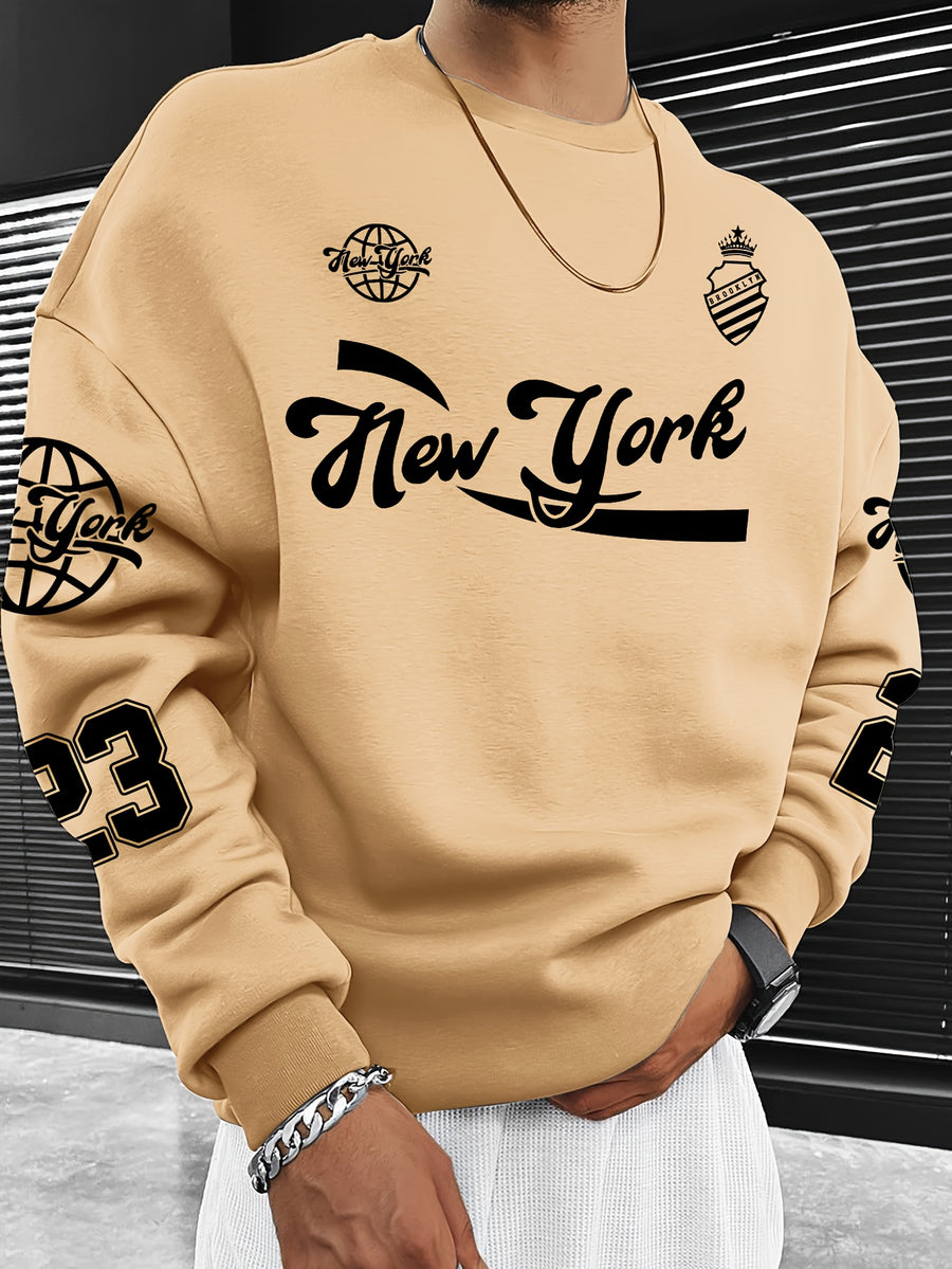 Men's Fashion Casual "Brooklyn Victory" Letter Print Sweatshirt, Polyester Material, Loose Fit, Versatile Men's Sweatshirt - Apricot