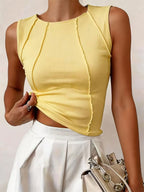 Women'S Wood Ear Trim Slim Fit Split Design Round Neck T-Shirt Women'S Clothing - Yellow