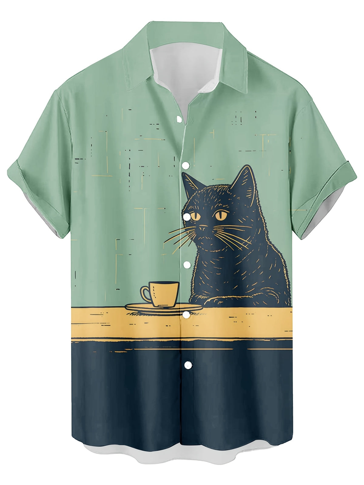 Cat Drinking Coffee Vintage Pattern 3D Print Men'S Shirt Casual Individual Hip-Hop Rock Street Hawaiian Shirt - Multicolor